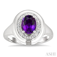 8x6 MM Oval Shape Amethyst and 1/20 Ctw Single Cut Diamond Semi-precious Ring in Sterling Silver 8x6 MM Oval Shape Amethyst and 1/20 Ctw Single Cut Diamond Semi-precious Ring in Sterling Silver