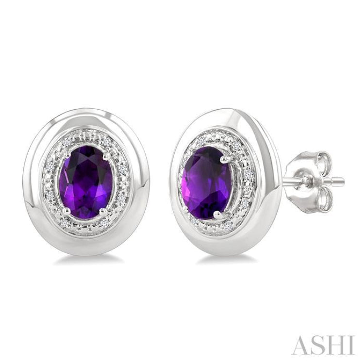 7X5 MM Oval Shape Amethyst and 1/20 Ctw Single Cut Diamond Semi-Precious Earrings in Sterling Silver 7X5 MM Oval Shape Amethyst and 1/20 Ctw Single Cut Diamond Semi-Precious Earrings in Sterling Silver