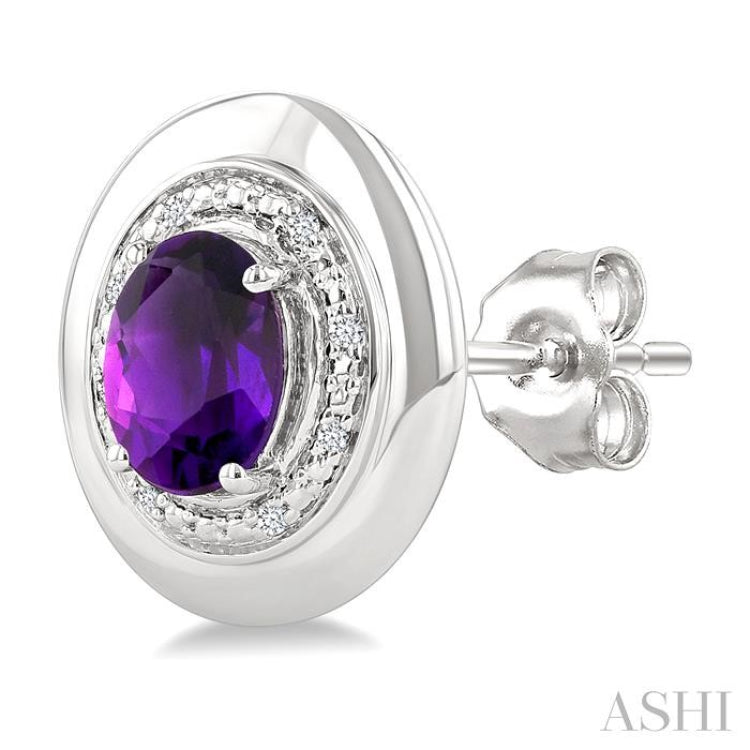 7X5 MM Oval Shape Amethyst and 1/20 Ctw Single Cut Diamond Semi-Precious Earrings in Sterling Silver 7X5 MM Oval Shape Amethyst and 1/20 Ctw Single Cut Diamond Semi-Precious Earrings in Sterling Silver