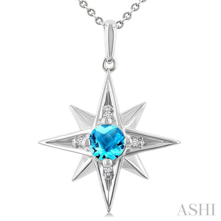 5 MM Round Cut Blue Topaz and 1/20 Ctw Round Cut Diamond Semi-Precious Fashion Pendant With Chain in Sterling Silver 5 MM Round Cut Blue Topaz and 1/20 Ctw Round Cut Diamond Semi-Precious Fashion Pendant With Chain in Sterling Silver
