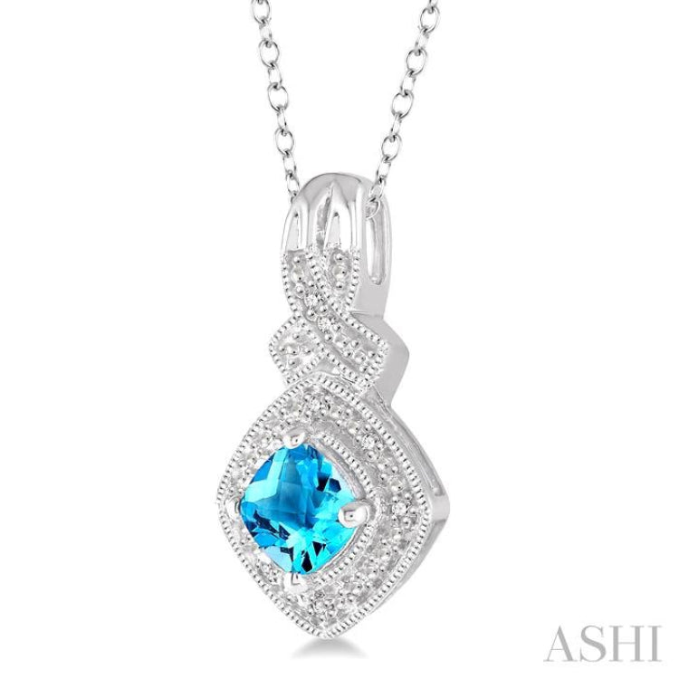 5x5 MM Cushion Shape Blue Topaz and 1/50 Ctw Round Cut Diamond Sterling Silver Pendant With Cable Chain 5x5 MM Cushion Shape Blue Topaz and 1/50 Ctw Round Cut Diamond Sterling Silver Pendant With Cable Chain