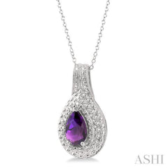 9x6 MM Pear Cut Amethyst and 1/20 Ctw Round Cut Diamond Semi-Precious Pendant With Chain in Sterling Silver 9x6 MM Pear Cut Amethyst and 1/20 Ctw Round Cut Diamond Semi-Precious Pendant With Chain in Sterling Silver