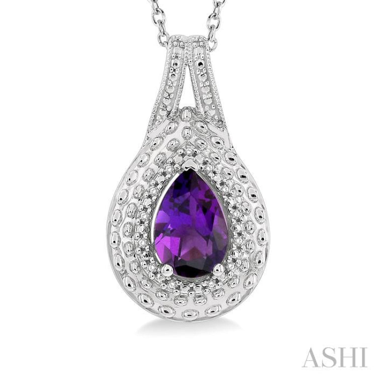 9x6 MM Pear Cut Amethyst and 1/20 Ctw Round Cut Diamond Semi-Precious Pendant With Chain in Sterling Silver 9x6 MM Pear Cut Amethyst and 1/20 Ctw Round Cut Diamond Semi-Precious Pendant With Chain in Sterling Silver