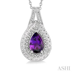 9x6 MM Pear Cut Amethyst and 1/20 Ctw Round Cut Diamond Semi-Precious Pendant With Chain in Sterling Silver 9x6 MM Pear Cut Amethyst and 1/20 Ctw Round Cut Diamond Semi-Precious Pendant With Chain in Sterling Silver