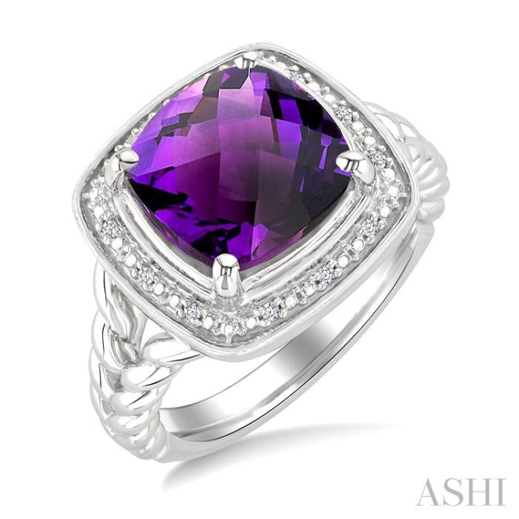 10 MM Cushion Shape Amethyst and 1/20 Ctw Single Cut Diamond Semi-precious Ring in Sterling Silver 10 MM Cushion Shape Amethyst and 1/20 Ctw Single Cut Diamond Semi-precious Ring in Sterling Silver