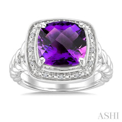 10 MM Cushion Shape Amethyst and 1/20 Ctw Single Cut Diamond Semi-precious Ring in Sterling Silver 10 MM Cushion Shape Amethyst and 1/20 Ctw Single Cut Diamond Semi-precious Ring in Sterling Silver