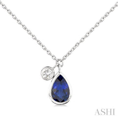 6x4 MM Pear Cut Sapphire and 1/20 Ctw Bezel Set Round Cut Diamond Precious Pendant With Chain in 14K White Gold 6x4 MM Pear Cut Sapphire and 1/20 Ctw Bezel Set Round Cut Diamond Precious Pendant With Chain in 14K White Gold