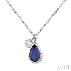 6x4 MM Pear Cut Sapphire and 1/20 Ctw Bezel Set Round Cut Diamond Precious Pendant With Chain in 14K White Gold 6x4 MM Pear Cut Sapphire and 1/20 Ctw Bezel Set Round Cut Diamond Precious Pendant With Chain in 14K White Gold