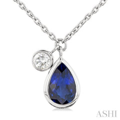 6x4 MM Pear Cut Sapphire and 1/20 Ctw Bezel Set Round Cut Diamond Precious Pendant With Chain in 14K White Gold 6x4 MM Pear Cut Sapphire and 1/20 Ctw Bezel Set Round Cut Diamond Precious Pendant With Chain in 14K White Gold