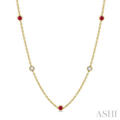 2.85 MM Ruby and 1/2 Ctw Round Cut Diamond Precious Station Necklace in 14K Yellow Gold 2.85 MM Ruby and 1/2 Ctw Round Cut Diamond Precious Station Necklace in 14K Yellow Gold