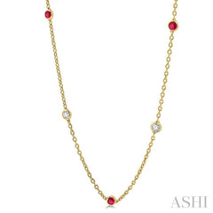2.85 MM Ruby and 1/2 Ctw Round Cut Diamond Precious Station Necklace in 14K Yellow Gold 2.85 MM Ruby and 1/2 Ctw Round Cut Diamond Precious Station Necklace in 14K Yellow Gold