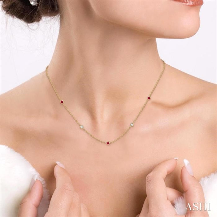 2.85 MM Ruby and 1/2 Ctw Round Cut Diamond Precious Station Necklace in 14K Yellow Gold 2.85 MM Ruby and 1/2 Ctw Round Cut Diamond Precious Station Necklace in 14K Yellow Gold