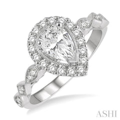 3/4 ctw Carved Shank Round Cut Diamond Engagement Ring With 3/8 ct Pear Cut Center Stone in 14K White Gold 3/4 ctw Carved Shank Round Cut Diamond Engagement Ring With 3/8 ct Pear Cut Center Stone in 14K White Gold