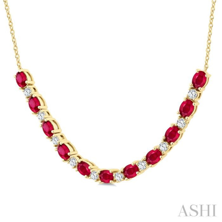 4X3 MM Oval Shape Ruby and 1/2 Ctw Round Cut Diamond Precious Tennis Necklace in 14K Yellow Gold 4X3 MM Oval Shape Ruby and 1/2 Ctw Round Cut Diamond Precious Tennis Necklace in 14K Yellow Gold