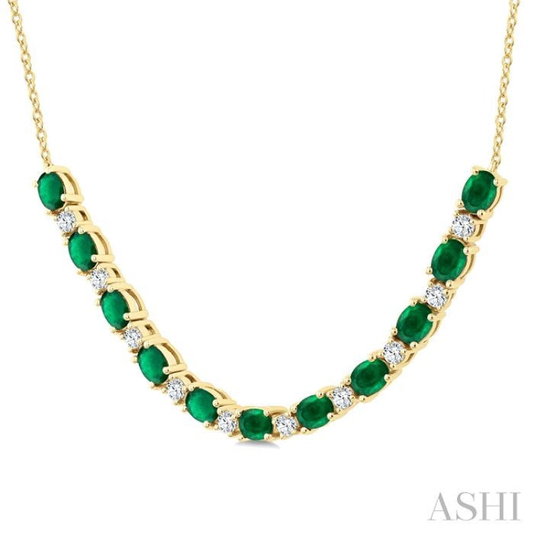 4X3 MM Oval Shape Emerald and 1/2 Ctw Round Cut Diamond Precious Tennis Necklace in 14K Yellow Gold 4X3 MM Oval Shape Emerald and 1/2 Ctw Round Cut Diamond Precious Tennis Necklace in 14K Yellow Gold