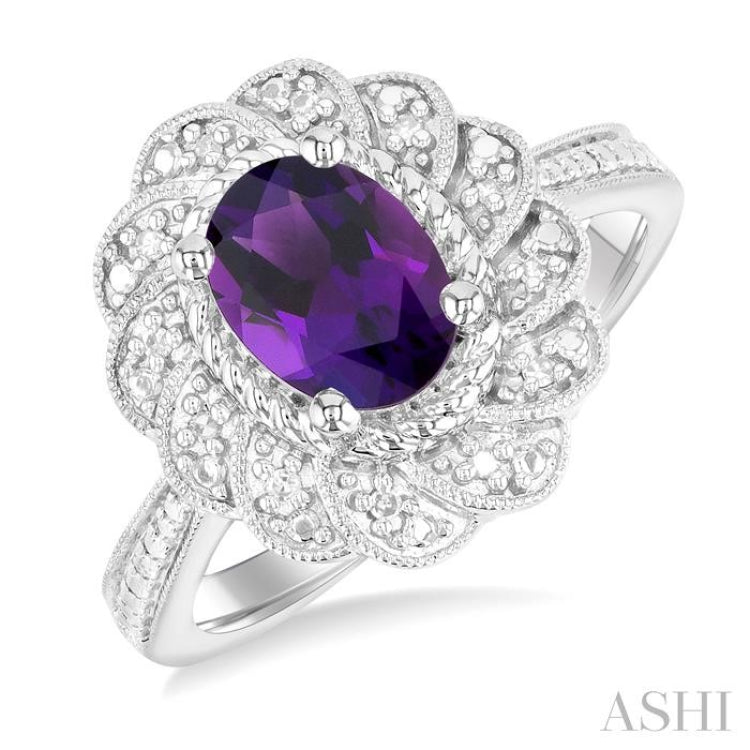 1/20 Ctw Oval Cut 8X6 MM Amethyst and Round Cut Diamond Semi-Precious Ring in Sterling Silver 1/20 Ctw Oval Cut 8X6 MM Amethyst and Round Cut Diamond Semi-Precious Ring in Sterling Silver