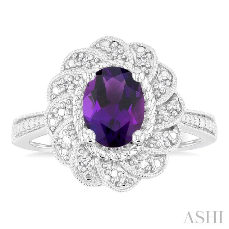 1/20 Ctw Oval Cut 8X6 MM Amethyst and Round Cut Diamond Semi-Precious Ring in Sterling Silver 1/20 Ctw Oval Cut 8X6 MM Amethyst and Round Cut Diamond Semi-Precious Ring in Sterling Silver