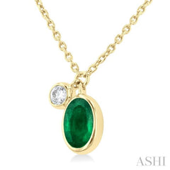 6x4 MM Oval Cut Emerald and 1/20 Ctw Bezel Set Round Cut Diamond Precious Pendant With Chain in 14K Yellow Gold 6x4 MM Oval Cut Emerald and 1/20 Ctw Bezel Set Round Cut Diamond Precious Pendant With Chain in 14K Yellow Gold