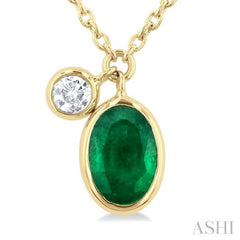 6x4 MM Oval Cut Emerald and 1/20 Ctw Bezel Set Round Cut Diamond Precious Pendant With Chain in 14K Yellow Gold 6x4 MM Oval Cut Emerald and 1/20 Ctw Bezel Set Round Cut Diamond Precious Pendant With Chain in 14K Yellow Gold