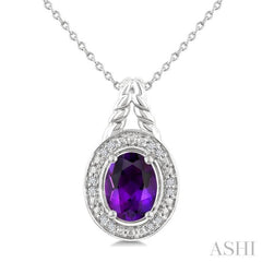 9X7 MM Oval Shape Amethyst and 1/20 Ctw Single Cut Diamond Semi-precious Pendant With Chain in Sterling Silver 9X7 MM Oval Shape Amethyst and 1/20 Ctw Single Cut Diamond Semi-precious Pendant With Chain in Sterling Silver