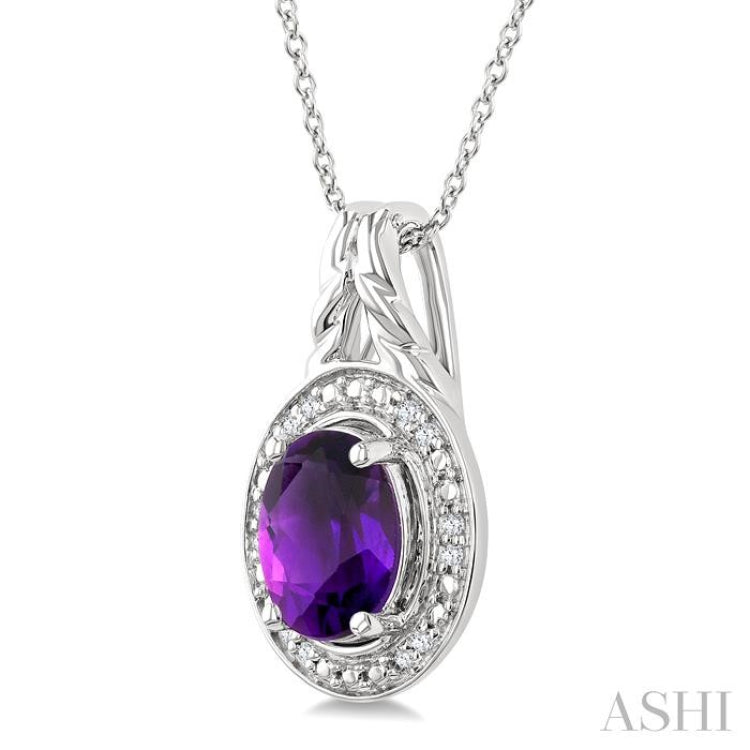 9X7 MM Oval Shape Amethyst and 1/20 Ctw Single Cut Diamond Semi-precious Pendant With Chain in Sterling Silver 9X7 MM Oval Shape Amethyst and 1/20 Ctw Single Cut Diamond Semi-precious Pendant With Chain in Sterling Silver