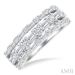 1 1/2 Ctw Triple Row Emerald, Baguette and Round Cut Diamond Fashion Band in 14K White Gold 1 1/2 Ctw Triple Row Emerald, Baguette and Round Cut Diamond Fashion Band in 14K White Gold