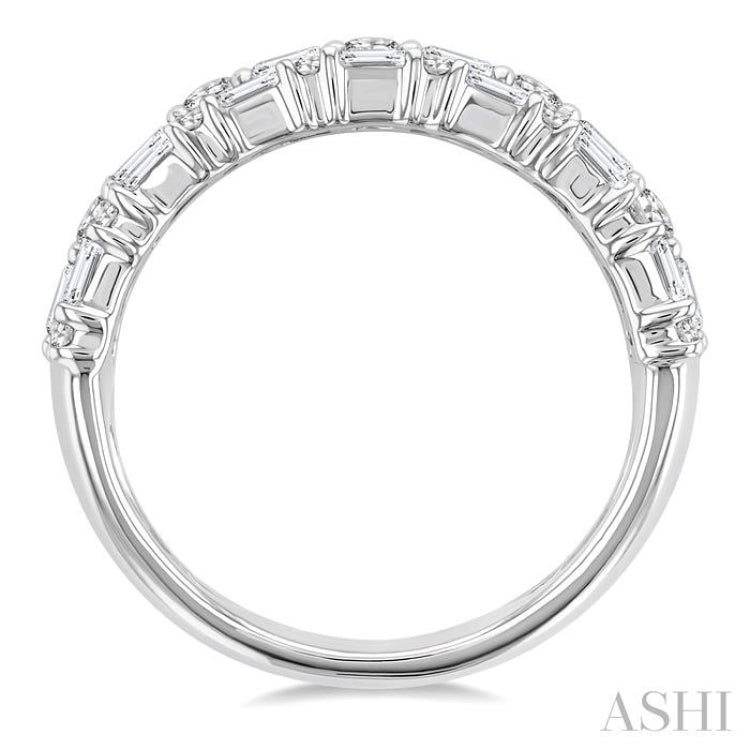 1 1/2 Ctw Triple Row Emerald, Baguette and Round Cut Diamond Fashion Band in 14K White Gold 1 1/2 Ctw Triple Row Emerald, Baguette and Round Cut Diamond Fashion Band in 14K White Gold