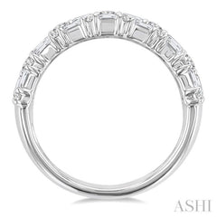 1 1/2 Ctw Triple Row Emerald, Baguette and Round Cut Diamond Fashion Band in 14K White Gold 1 1/2 Ctw Triple Row Emerald, Baguette and Round Cut Diamond Fashion Band in 14K White Gold