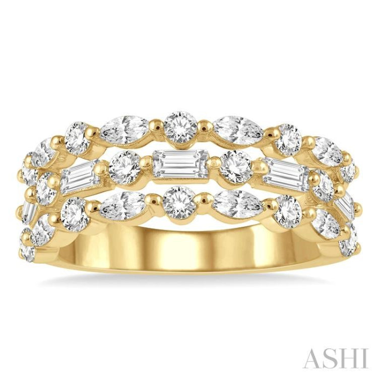 1 1/2 Ctw Triple Row Baguette, Marquise and Round Cut Diamond Fashion Band in 14K Yellow Gold 1 1/2 Ctw Triple Row Baguette, Marquise and Round Cut Diamond Fashion Band in 14K Yellow Gold