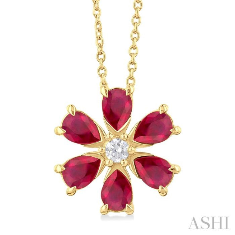 4X3 MM Floral Blossom Pear Cut Ruby and 1/20 Ctw Round Cut Diamond Precious Pendant With Chain in 14K Yellow Gold 4X3 MM Floral Blossom Pear Cut Ruby and 1/20 Ctw Round Cut Diamond Precious Pendant With Chain in 14K Yellow Gold