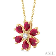 4X3 MM Floral Blossom Pear Cut Ruby and 1/20 Ctw Round Cut Diamond Precious Pendant With Chain in 14K Yellow Gold 4X3 MM Floral Blossom Pear Cut Ruby and 1/20 Ctw Round Cut Diamond Precious Pendant With Chain in 14K Yellow Gold