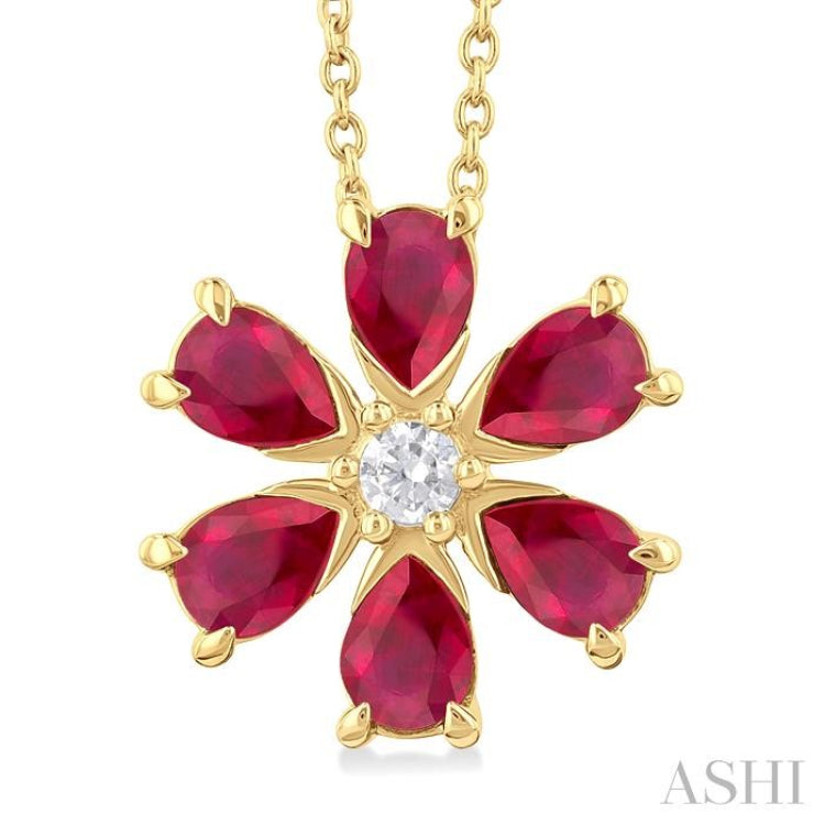 4X3 MM Floral Blossom Pear Cut Ruby and 1/20 Ctw Round Cut Diamond Precious Pendant With Chain in 14K Yellow Gold 4X3 MM Floral Blossom Pear Cut Ruby and 1/20 Ctw Round Cut Diamond Precious Pendant With Chain in 14K Yellow Gold
