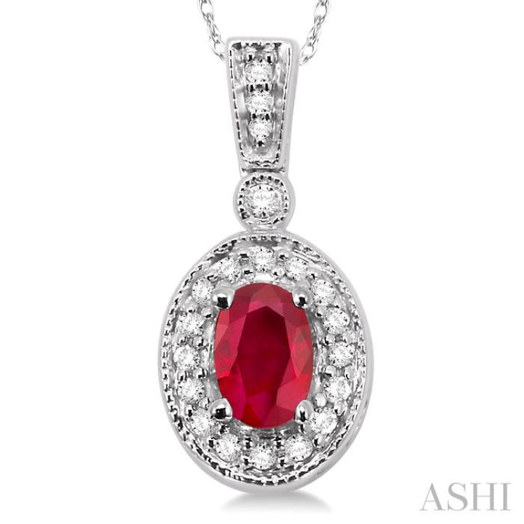 6x4 MM Oval Cut Ruby and 1/8 Ctw Round Cut Diamond Pendant in 14K White Gold with Chain 6x4 MM Oval Cut Ruby and 1/8 Ctw Round Cut Diamond Pendant in 14K White Gold with Chain
