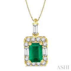 6x4 MM Octagon Cut Emerald and 1/3 Ctw Round Cut Diamond Precious Pendant in 14K Yellow Gold with Chain 6x4 MM Octagon Cut Emerald and 1/3 Ctw Round Cut Diamond Precious Pendant in 14K Yellow Gold with Chain