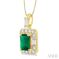 6x4 MM Octagon Cut Emerald and 1/3 Ctw Round Cut Diamond Precious Pendant in 14K Yellow Gold with Chain 6x4 MM Octagon Cut Emerald and 1/3 Ctw Round Cut Diamond Precious Pendant in 14K Yellow Gold with Chain