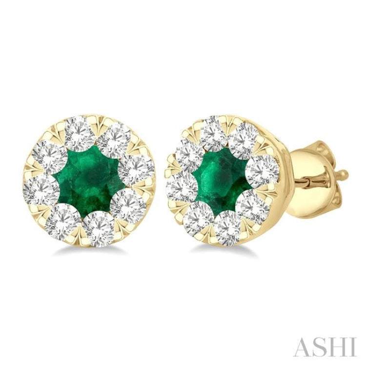 3.3 MM Emerald and 1/2 Ctw Round Cut Diamond Lovebright Precious Stud Earrings in 14K Yellow Gold 3.3 MM Emerald and 1/2 Ctw Round Cut Diamond Lovebright Precious Stud Earrings in 14K Yellow Gold