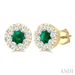 3.3 MM Emerald and 1/2 Ctw Round Cut Diamond Lovebright Precious Stud Earrings in 14K Yellow Gold 3.3 MM Emerald and 1/2 Ctw Round Cut Diamond Lovebright Precious Stud Earrings in 14K Yellow Gold