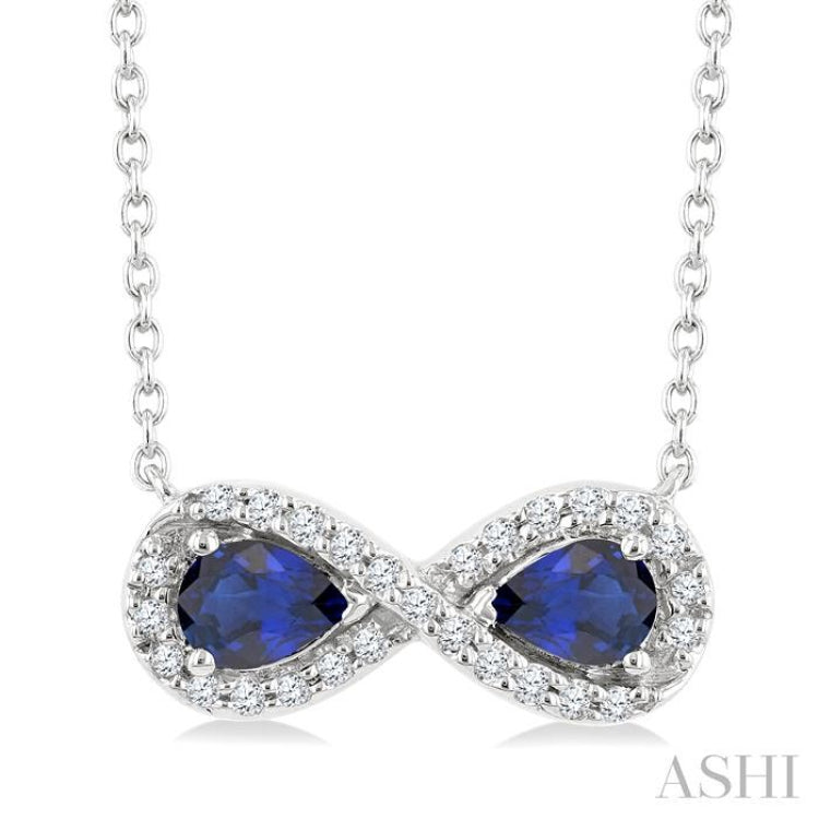 4X3 MM Pear Shape Sapphire and 1/10 Ctw Single Cut Diamond Precious Infinite Halo Pendant With Chain in 10K White Gold 4X3 MM Pear Shape Sapphire and 1/10 Ctw Single Cut Diamond Precious Infinite Halo Pendant With Chain in 10K White Gold