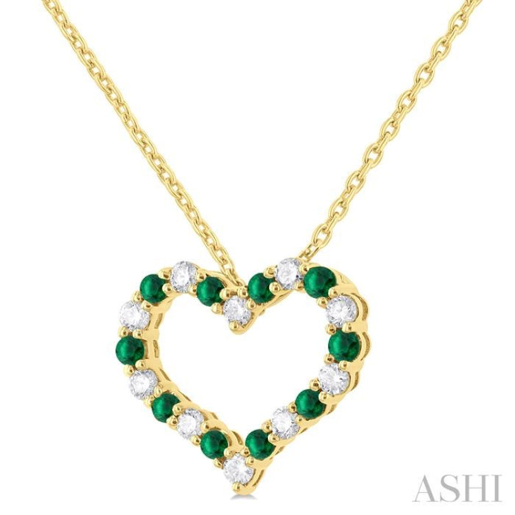 1.80 MM Round Cut Emerald and 1/4 Ctw Open Heart Round Cut Diamond Precious Fashion Pendant With Chain in 14K Yellow Gold 1.80 MM Round Cut Emerald and 1/4 Ctw Open Heart Round Cut Diamond Precious Fashion Pendant With Chain in 14K Yellow Gold