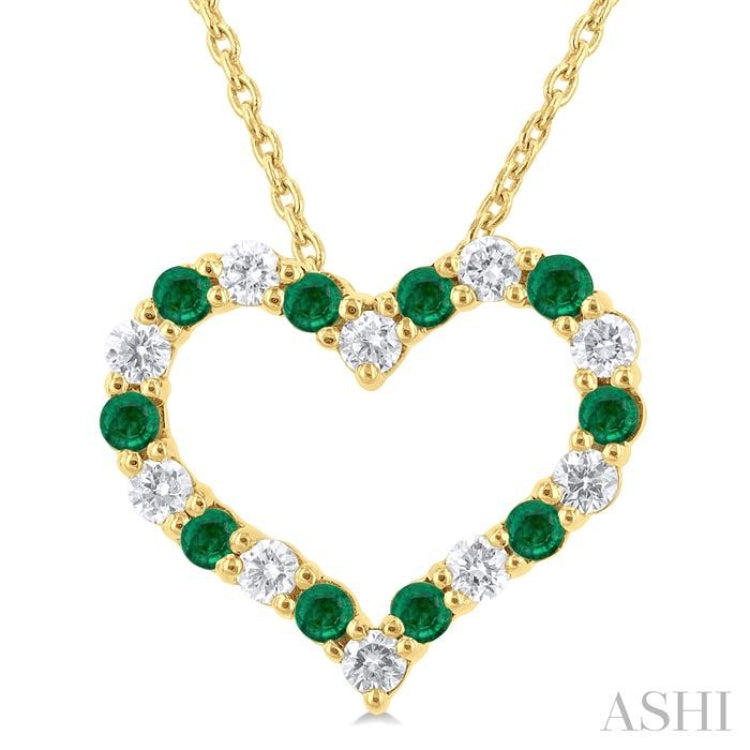 1.80 MM Round Cut Emerald and 1/4 Ctw Open Heart Round Cut Diamond Precious Fashion Pendant With Chain in 14K Yellow Gold 1.80 MM Round Cut Emerald and 1/4 Ctw Open Heart Round Cut Diamond Precious Fashion Pendant With Chain in 14K Yellow Gold