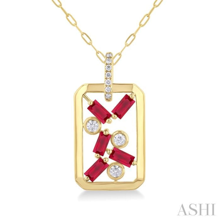 4x2 MM Scatter Baguette Cut Ruby and 1/6 Ctw Round Cut Diamond Precious Fashion Pendant With Chain in 14K Yellow Gold 4x2 MM Scatter Baguette Cut Ruby and 1/6 Ctw Round Cut Diamond Precious Fashion Pendant With Chain in 14K Yellow Gold