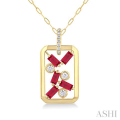 4x2 MM Scatter Baguette Cut Ruby and 1/6 Ctw Round Cut Diamond Precious Fashion Pendant With Chain in 14K Yellow Gold 4x2 MM Scatter Baguette Cut Ruby and 1/6 Ctw Round Cut Diamond Precious Fashion Pendant With Chain in 14K Yellow Gold