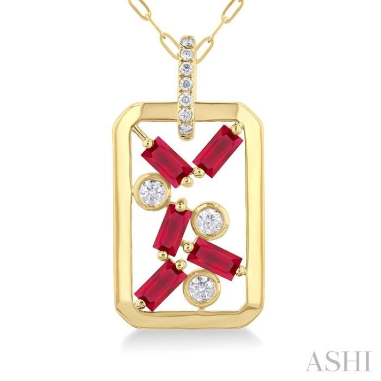 4x2 MM Scatter Baguette Cut Ruby and 1/6 Ctw Round Cut Diamond Precious Fashion Pendant With Chain in 14K Yellow Gold 4x2 MM Scatter Baguette Cut Ruby and 1/6 Ctw Round Cut Diamond Precious Fashion Pendant With Chain in 14K Yellow Gold