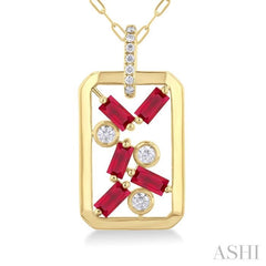 4x2 MM Scatter Baguette Cut Ruby and 1/6 Ctw Round Cut Diamond Precious Fashion Pendant With Chain in 14K Yellow Gold 4x2 MM Scatter Baguette Cut Ruby and 1/6 Ctw Round Cut Diamond Precious Fashion Pendant With Chain in 14K Yellow Gold