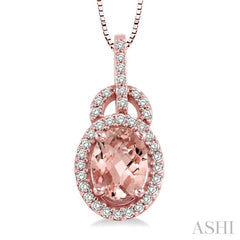 8x6 MM Oval Cut Morganite and 1/4 Ctw Round Cut Diamond Pendant in 14K Rose Gold with Chain 8x6 MM Oval Cut Morganite and 1/4 Ctw Round Cut Diamond Pendant in 14K Rose Gold with Chain