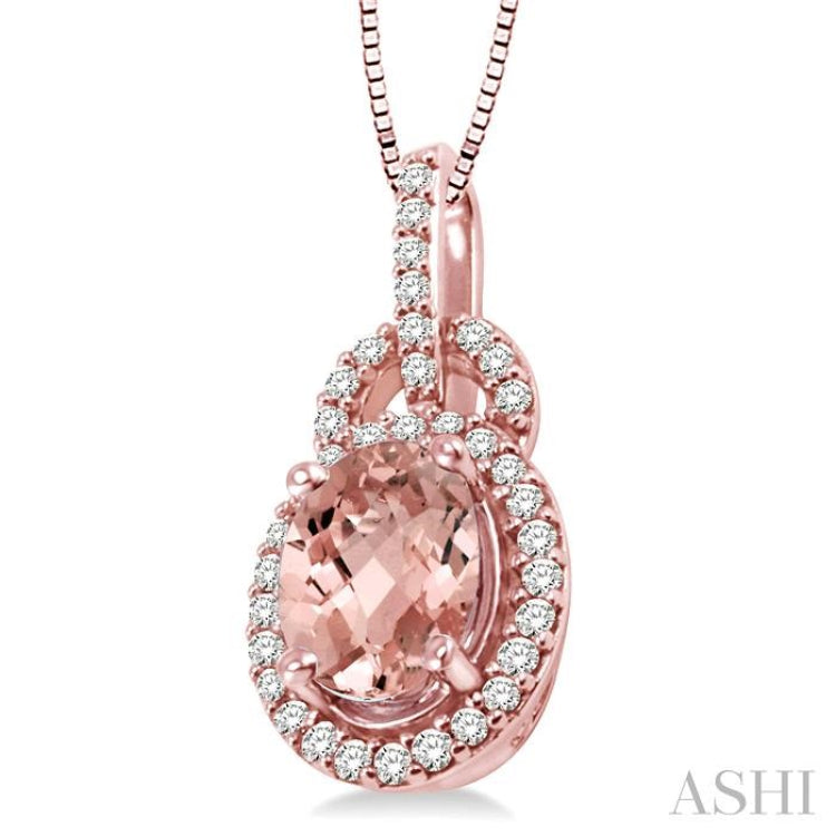 8x6 MM Oval Cut Morganite and 1/4 Ctw Round Cut Diamond Pendant in 14K Rose Gold with Chain 8x6 MM Oval Cut Morganite and 1/4 Ctw Round Cut Diamond Pendant in 14K Rose Gold with Chain