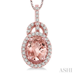 8x6 MM Oval Cut Morganite and 1/4 Ctw Round Cut Diamond Pendant in 14K Rose Gold with Chain 8x6 MM Oval Cut Morganite and 1/4 Ctw Round Cut Diamond Pendant in 14K Rose Gold with Chain