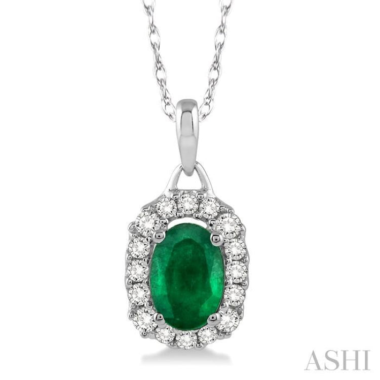 6x4 MM Oval Cut Emerald and 1/6 Ctw Round Cut Diamond Precious Pendant in 14K White Gold with Chain 6x4 MM Oval Cut Emerald and 1/6 Ctw Round Cut Diamond Precious Pendant in 14K White Gold with Chain