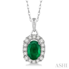 6x4 MM Oval Cut Emerald and 1/6 Ctw Round Cut Diamond Precious Pendant in 14K White Gold with Chain 6x4 MM Oval Cut Emerald and 1/6 Ctw Round Cut Diamond Precious Pendant in 14K White Gold with Chain