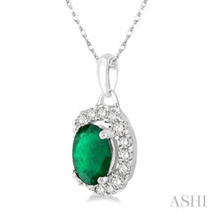 6x4 MM Oval Cut Emerald and 1/6 Ctw Round Cut Diamond Precious Pendant in 14K White Gold with Chain 6x4 MM Oval Cut Emerald and 1/6 Ctw Round Cut Diamond Precious Pendant in 14K White Gold with Chain